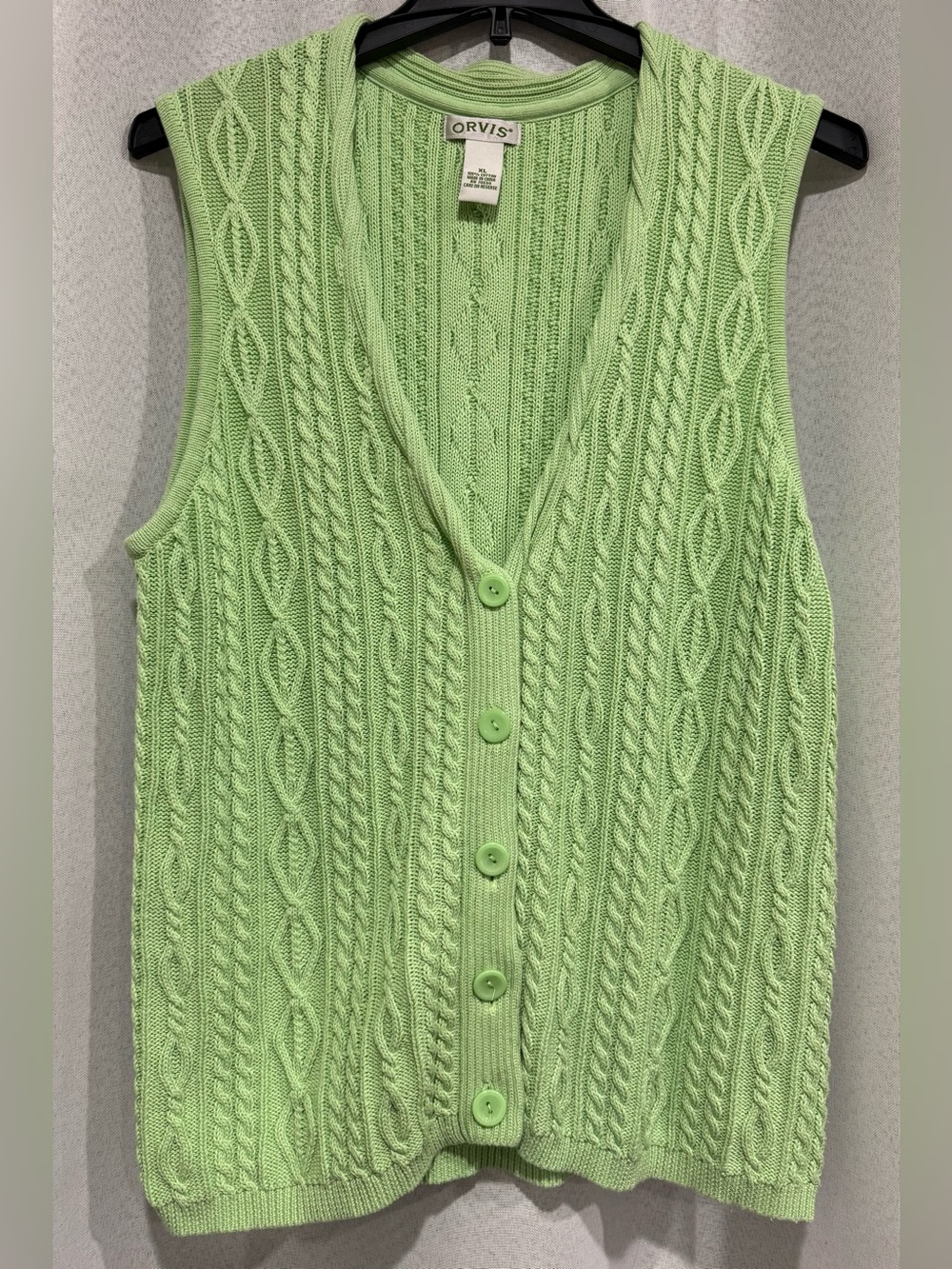 Orvis Cable Knit Button Front Sweater Vest Pastel Green Premium Cotton XL